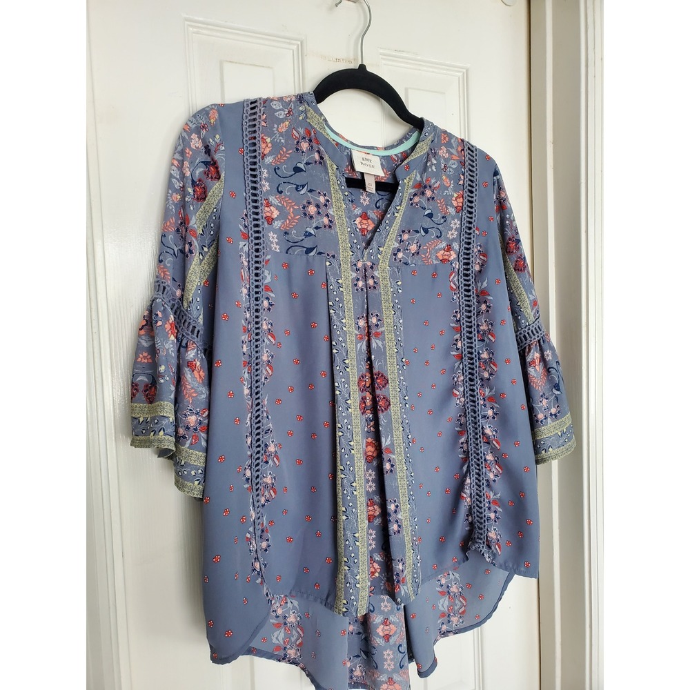 Knox Rose Blouse Blue‎ Floral Crochet Bell Sleeve Boho Peasant Top XS